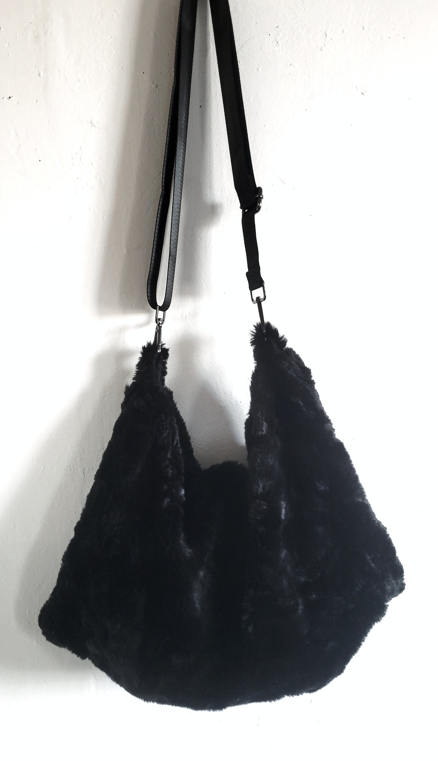 Black Fur Bag Nylon Shoulder Strap, Fur Crossbody Bag in Black, Vegan Fur Bag, Faux Fur Bag, Black Fur Bag