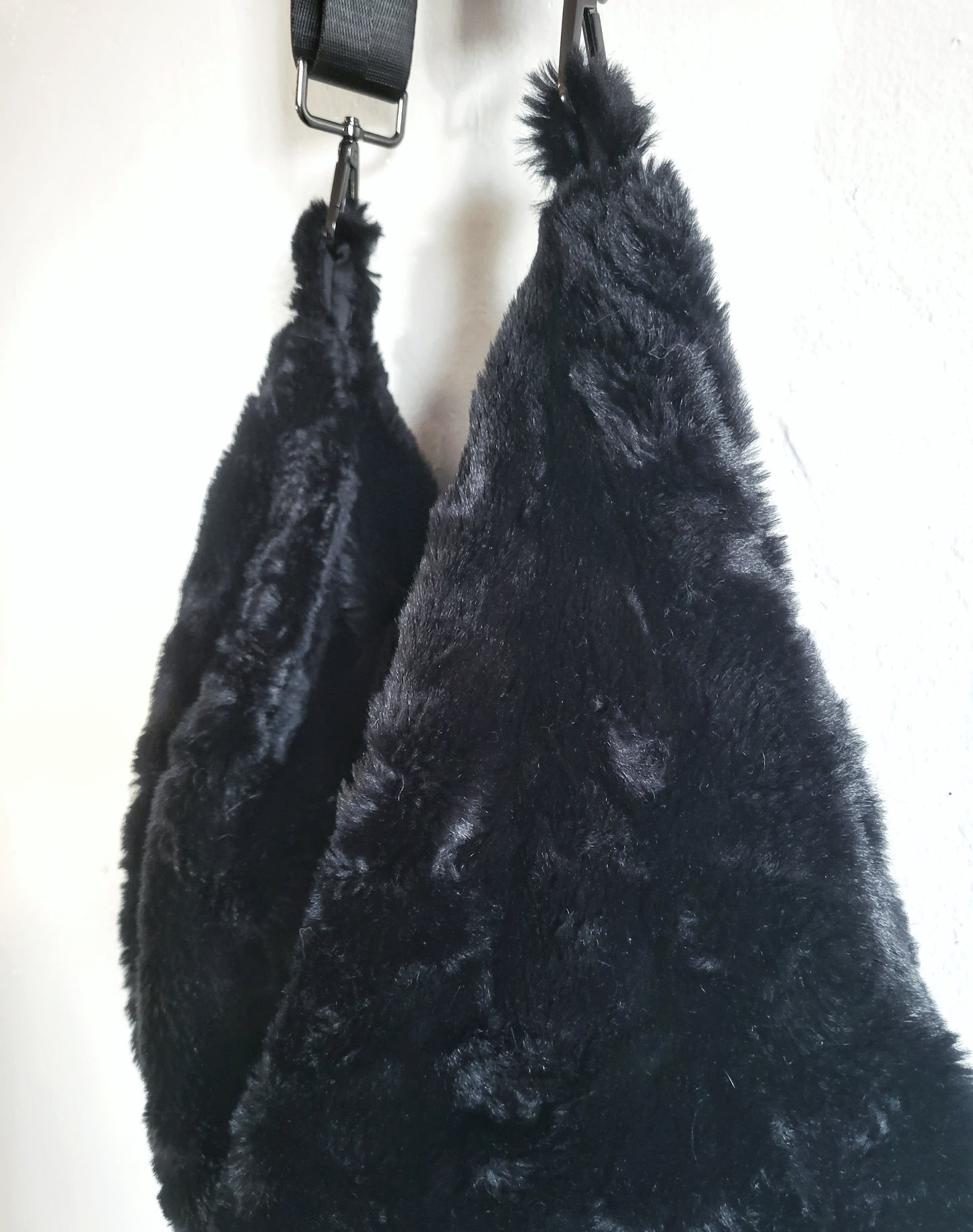 Black Fur Bag Nylon Shoulder Strap, Fur Crossbody Bag in Black, Vegan Fur Bag, Faux Fur Bag, Black Fur Bag