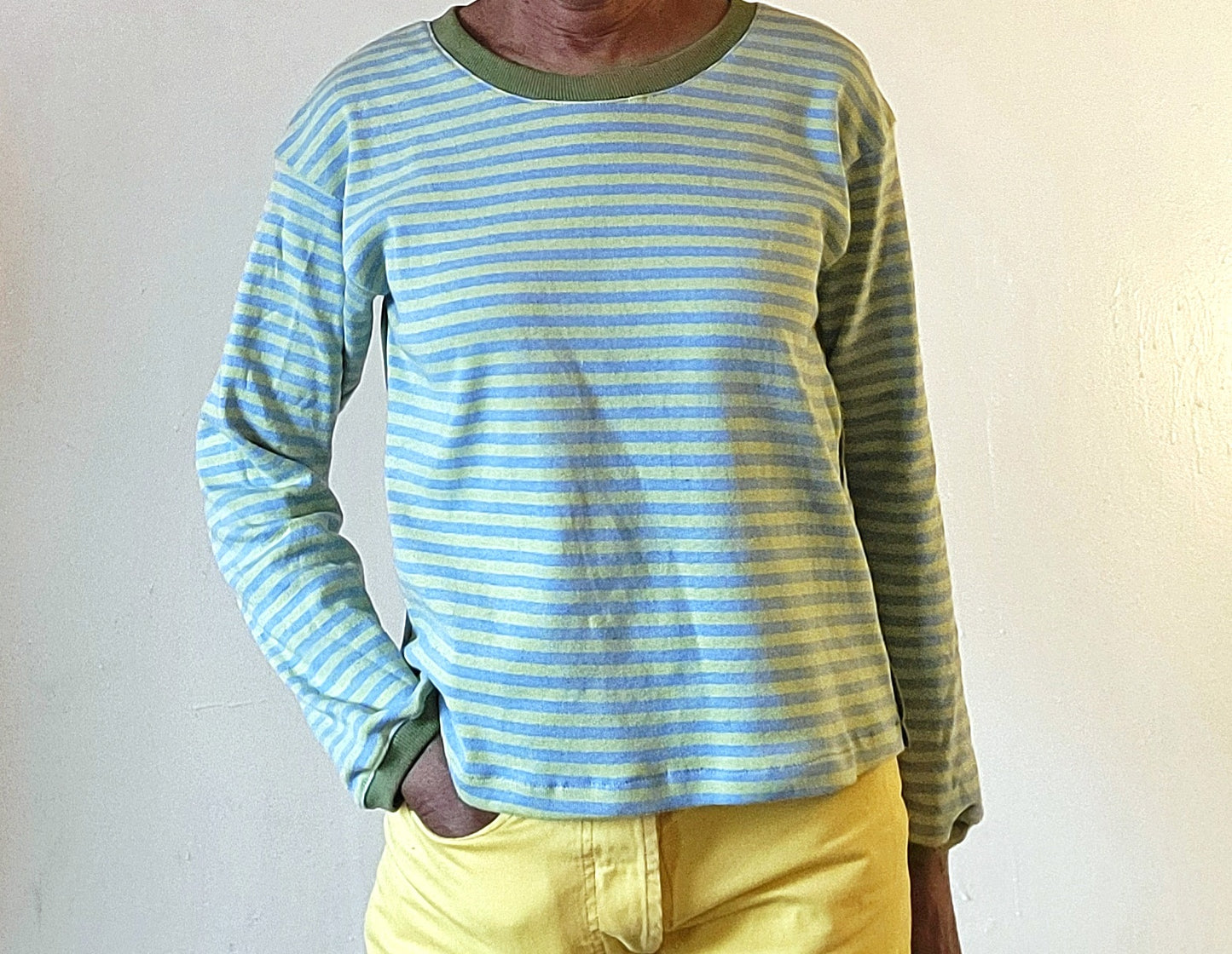 Womens Knit Tops, Womens Striped Top, Blue and Green Striped Top, Relaxed Fit Long Sleeve Tee