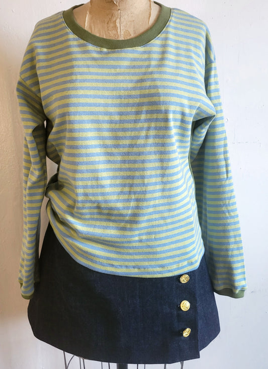 Womens Knit Tops, Womens Striped Top, Blue and Green Striped Top, Relaxed Fit Long Sleeve Tee