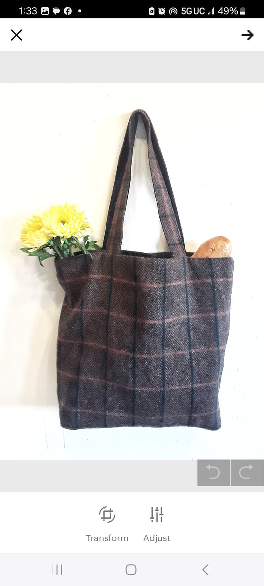Plaid Wool Bag, Wool Tote Bag, Brown Shoulder Bag