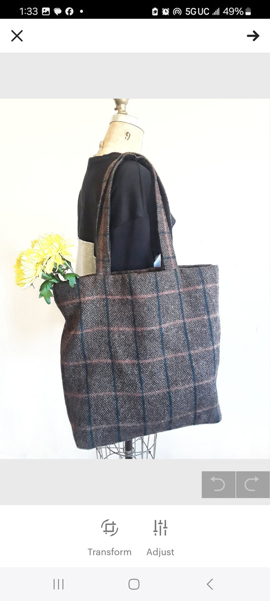 Plaid Wool Bag, Wool Tote Bag, Brown Shoulder Bag
