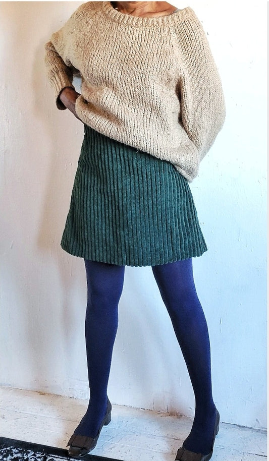 Dark Green Corduroy Mini or Knee Length Skirt: Vintage Wide Wale Cotton