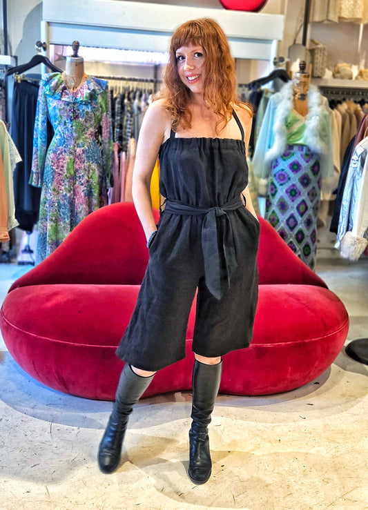 Linen Romper with Pockets: Adjustable Straps, Elastic Waist Made on Order