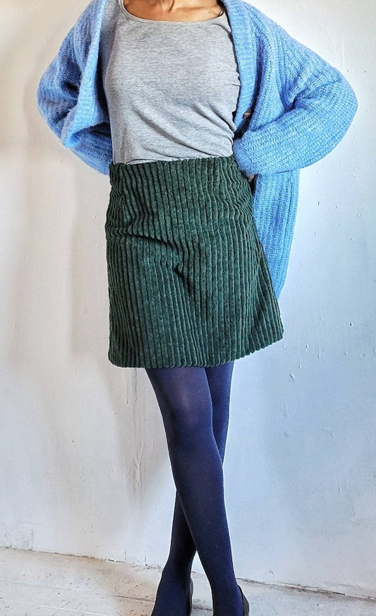 Dark Green Corduroy Mini or Knee Length Skirt: Vintage Wide Wale Cotton