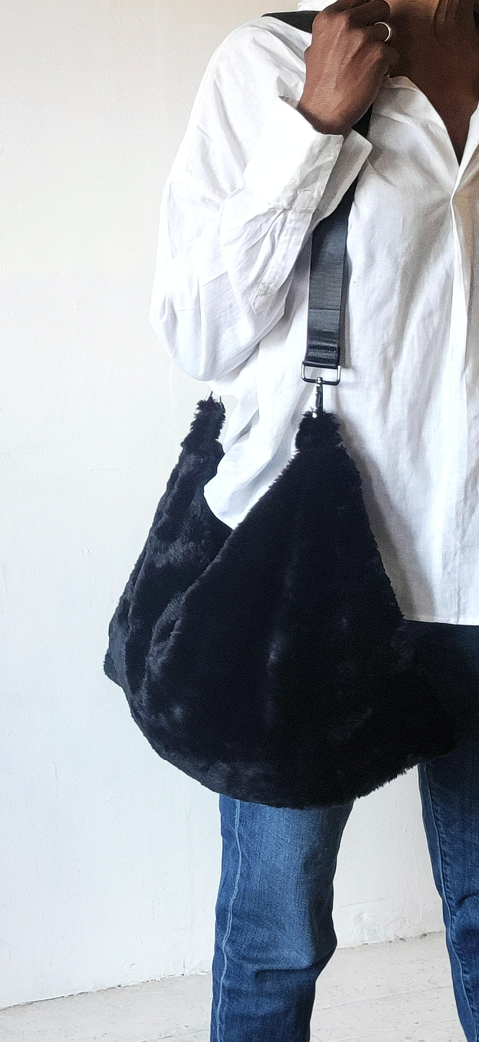 Black Fur Bag Nylon Shoulder Strap, Fur Crossbody Bag in Black, Vegan Fur Bag, Faux Fur Bag, Black Fur Bag