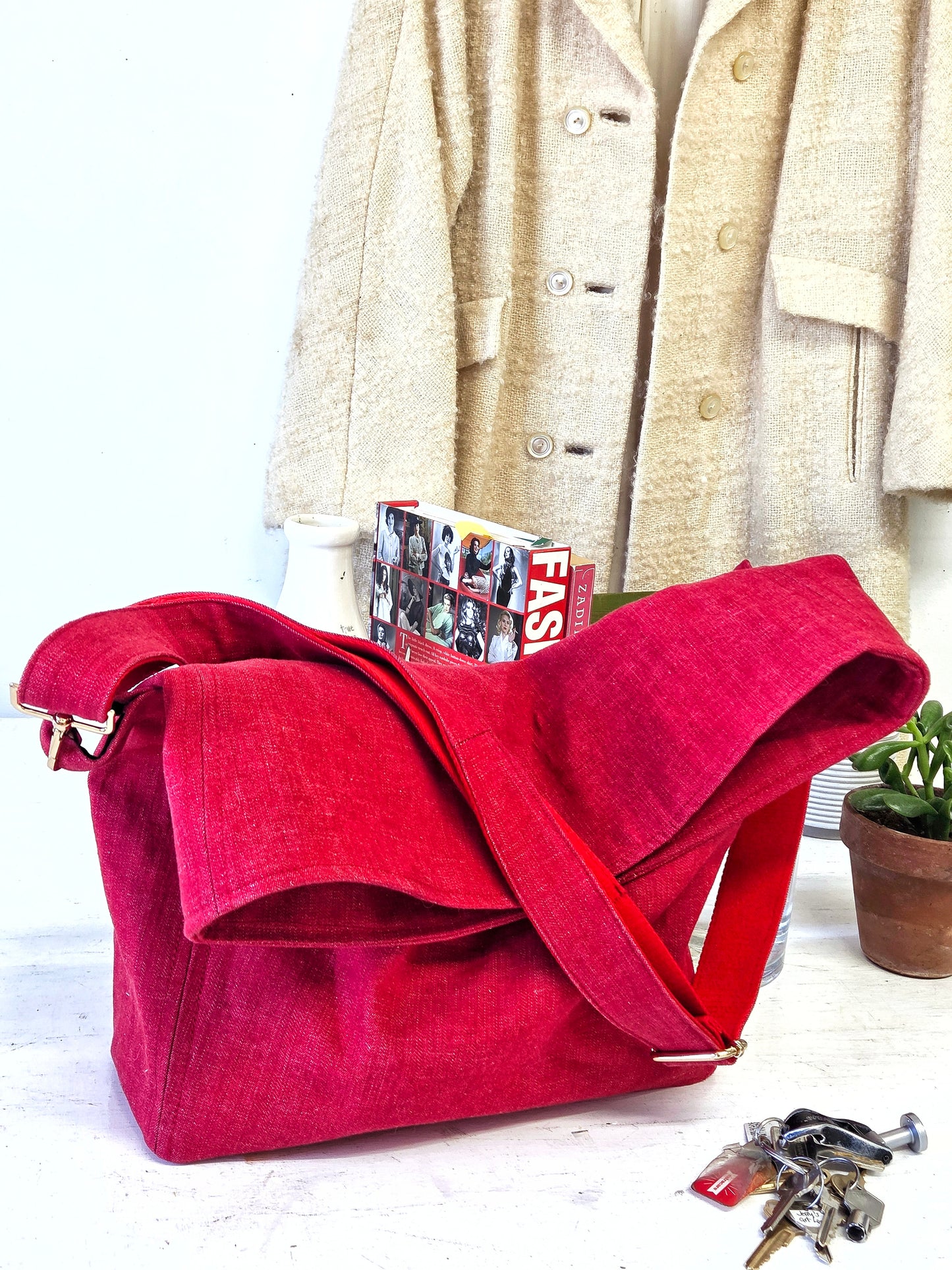 Bright Red Denim Foldover Crossbody Bag: Slouchy Boho Style