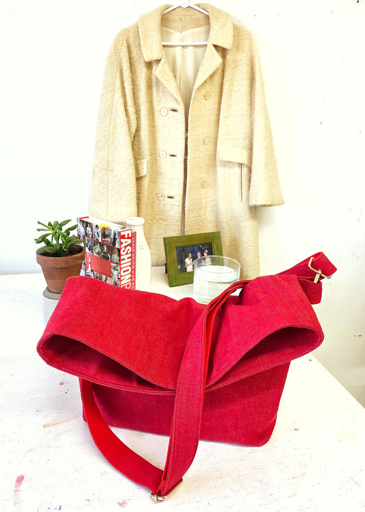 Bright Red Denim Foldover Crossbody Bag: Slouchy Boho Style