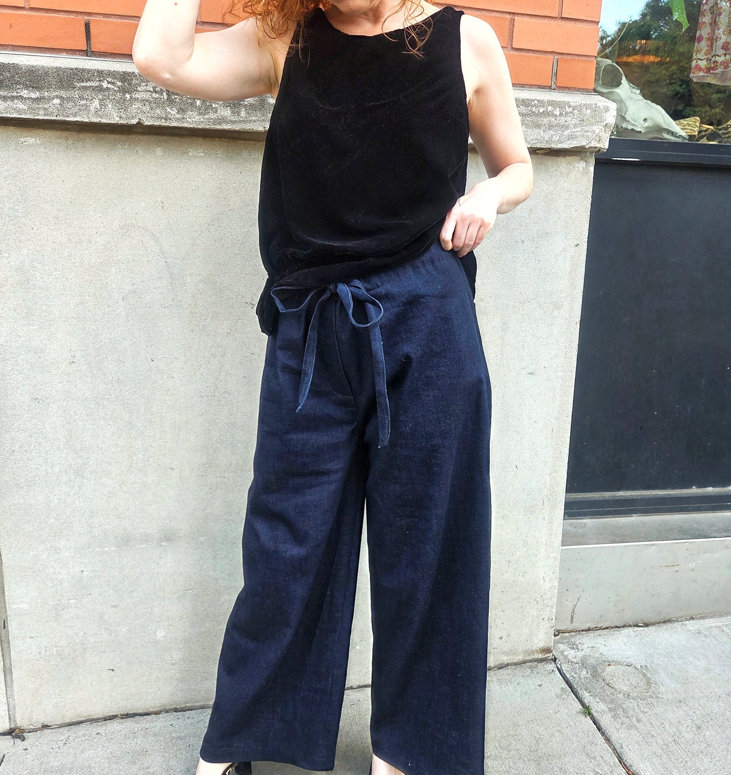 Womens Wide Leg Drawstring Denim Pants Made to Order