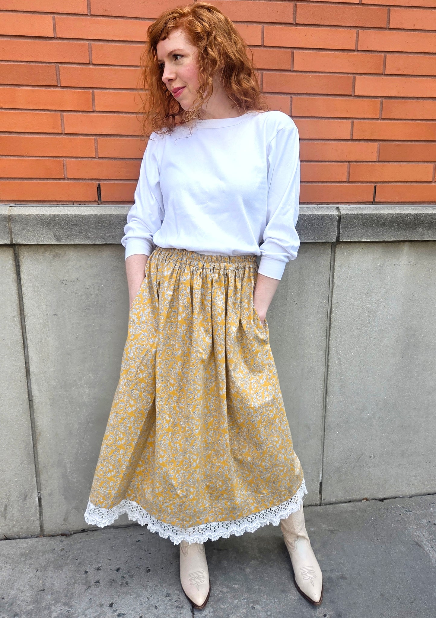 Floral Print Cotton Midi Skirt: Summer thru Fall with Pockets