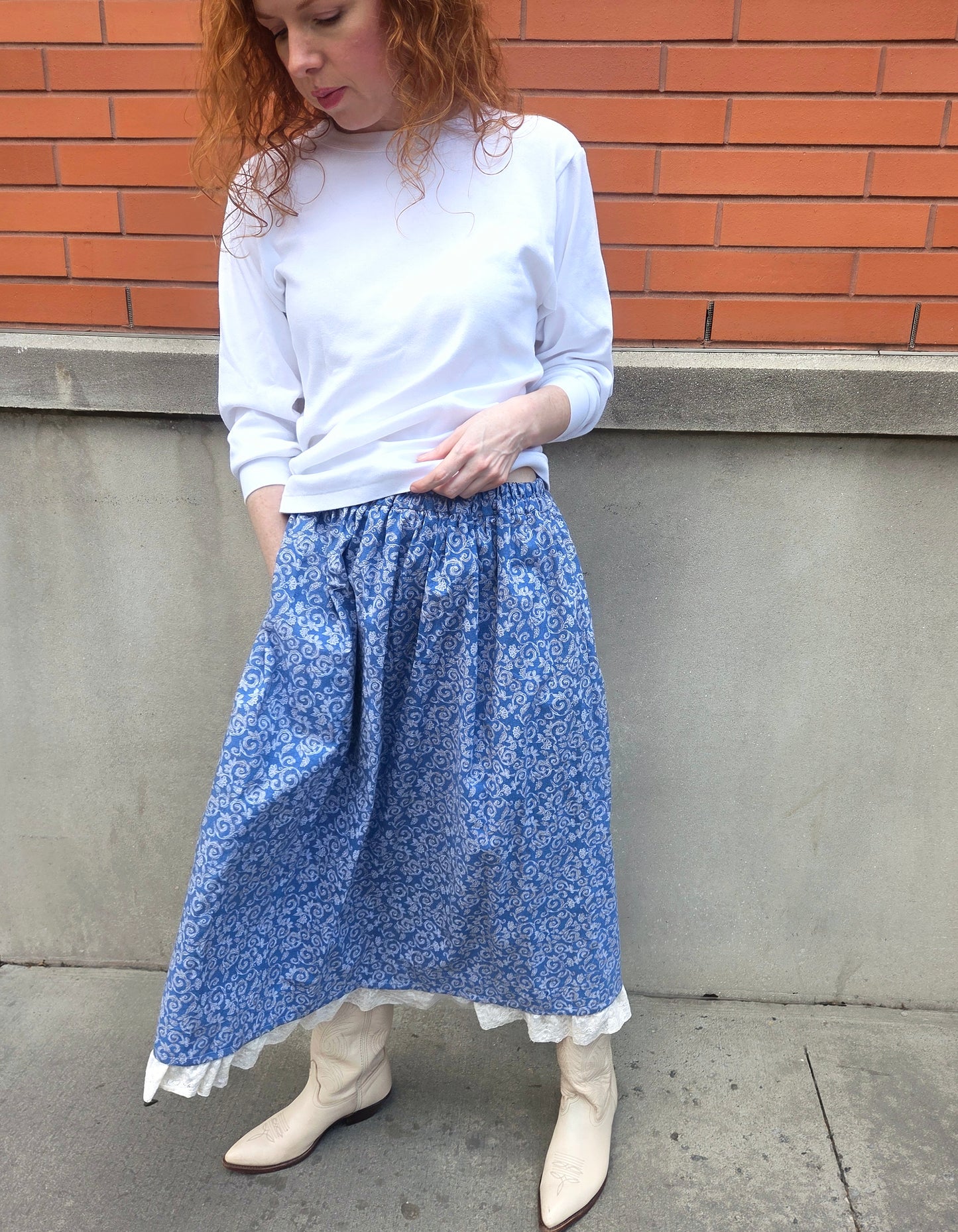 Floral Print Cotton Midi Skirt: Summer thru Fall with Pockets