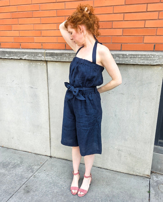 Linen Romper with Pockets: Adjustable Straps, Elastic Waist Made to Order