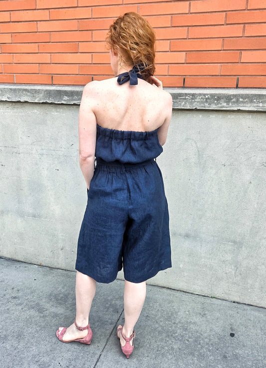 Linen Romper with Pockets: Adjustable Straps, Elastic Waist Made to Order