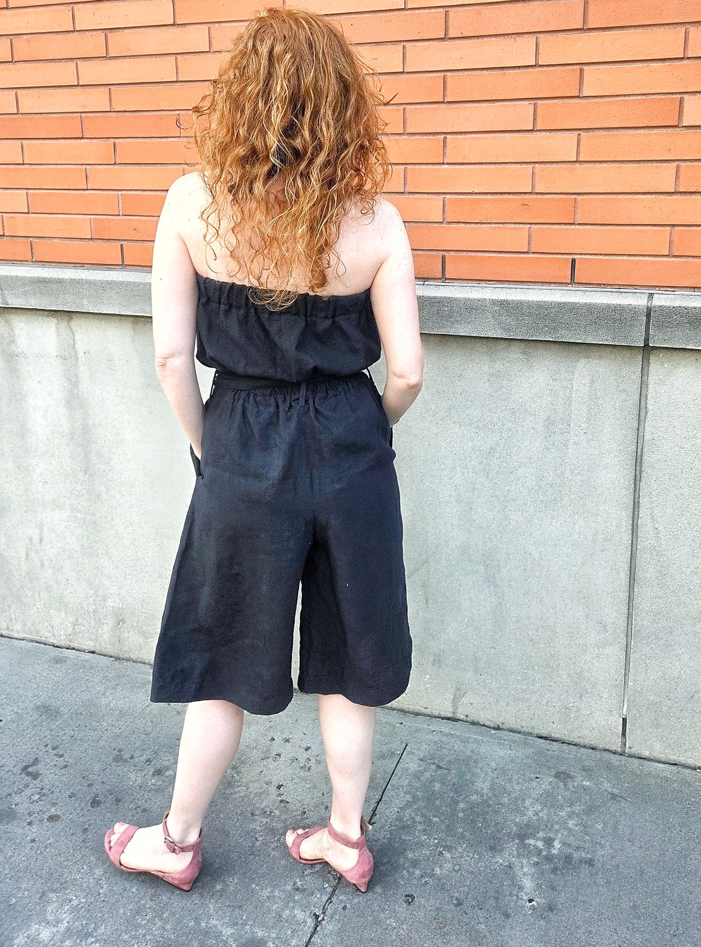 Linen Romper with Pockets: Adjustable Straps, Elastic Waist Made to Order
