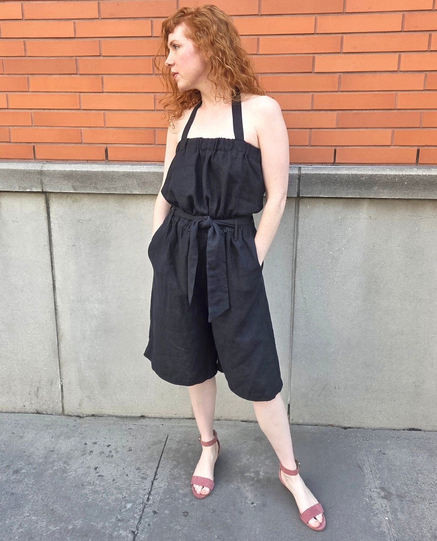 Linen Romper with Pockets: Adjustable Straps, Elastic Waist Made to Order