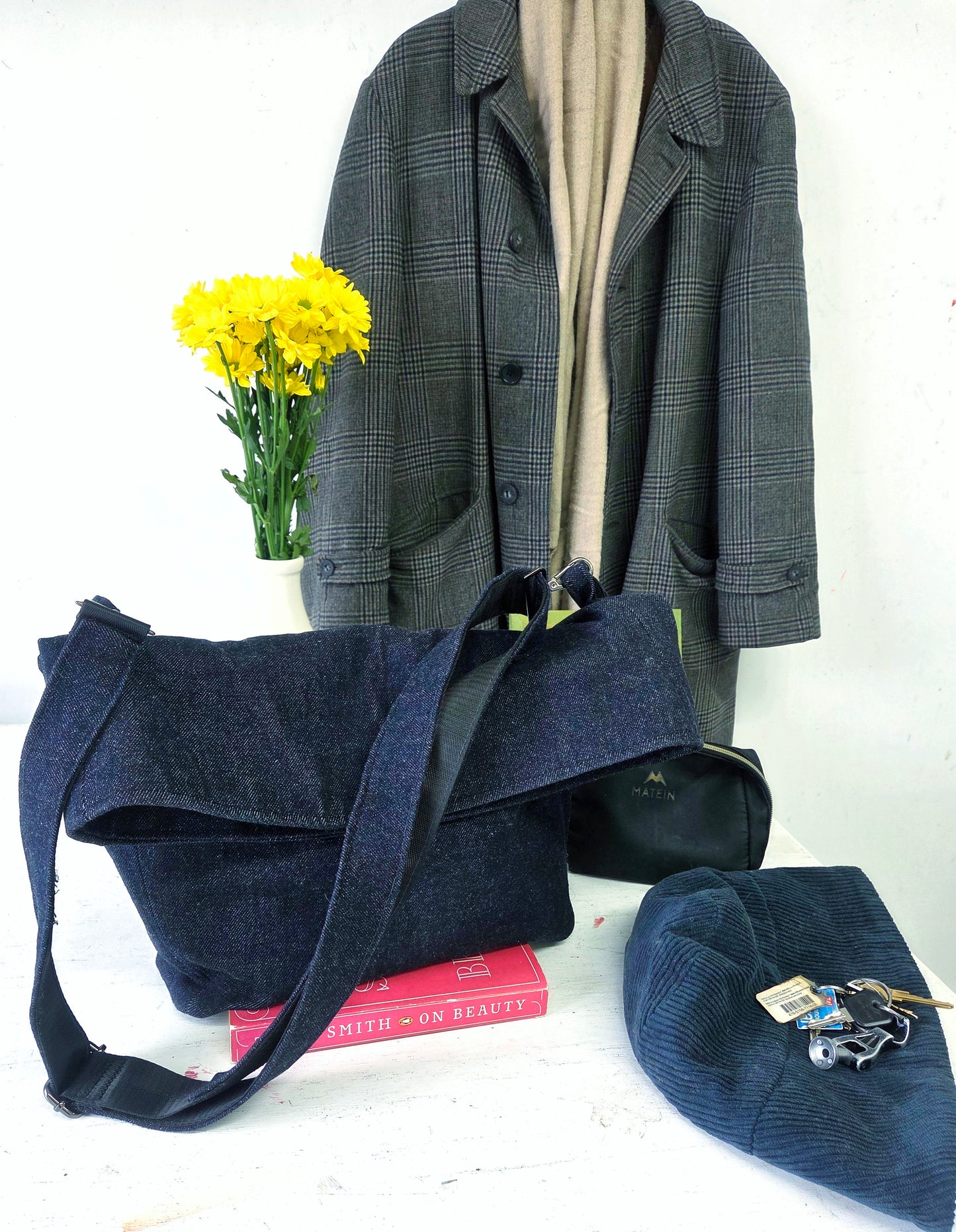 Navy Blue Denim Foldover Crossbody Bag: Structured Boho Style