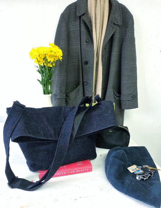 Navy Blue Denim Foldover Crossbody Bag: Structured Boho Style