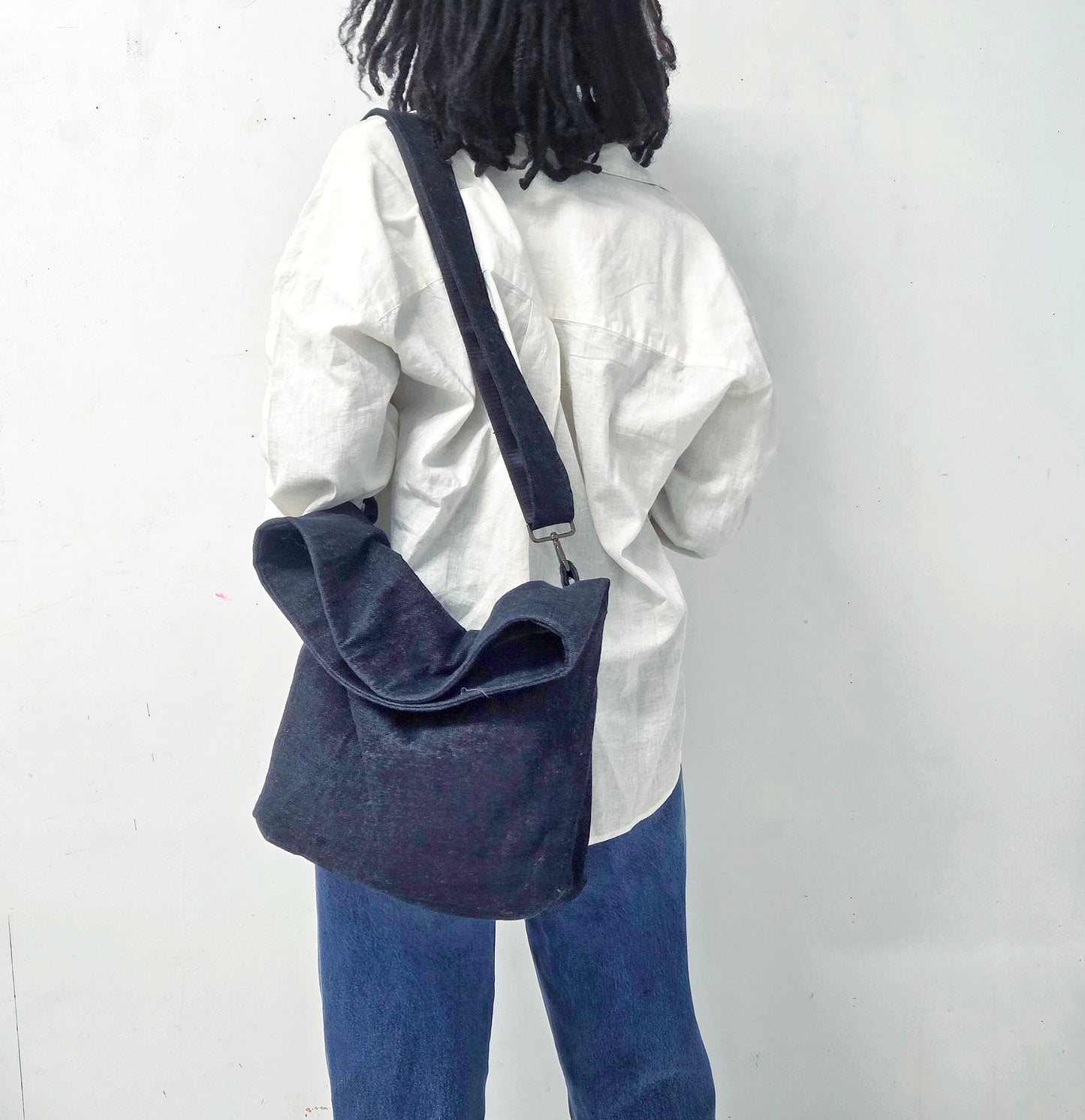 Navy Blue Denim Foldover Crossbody Bag: Structured Boho Style