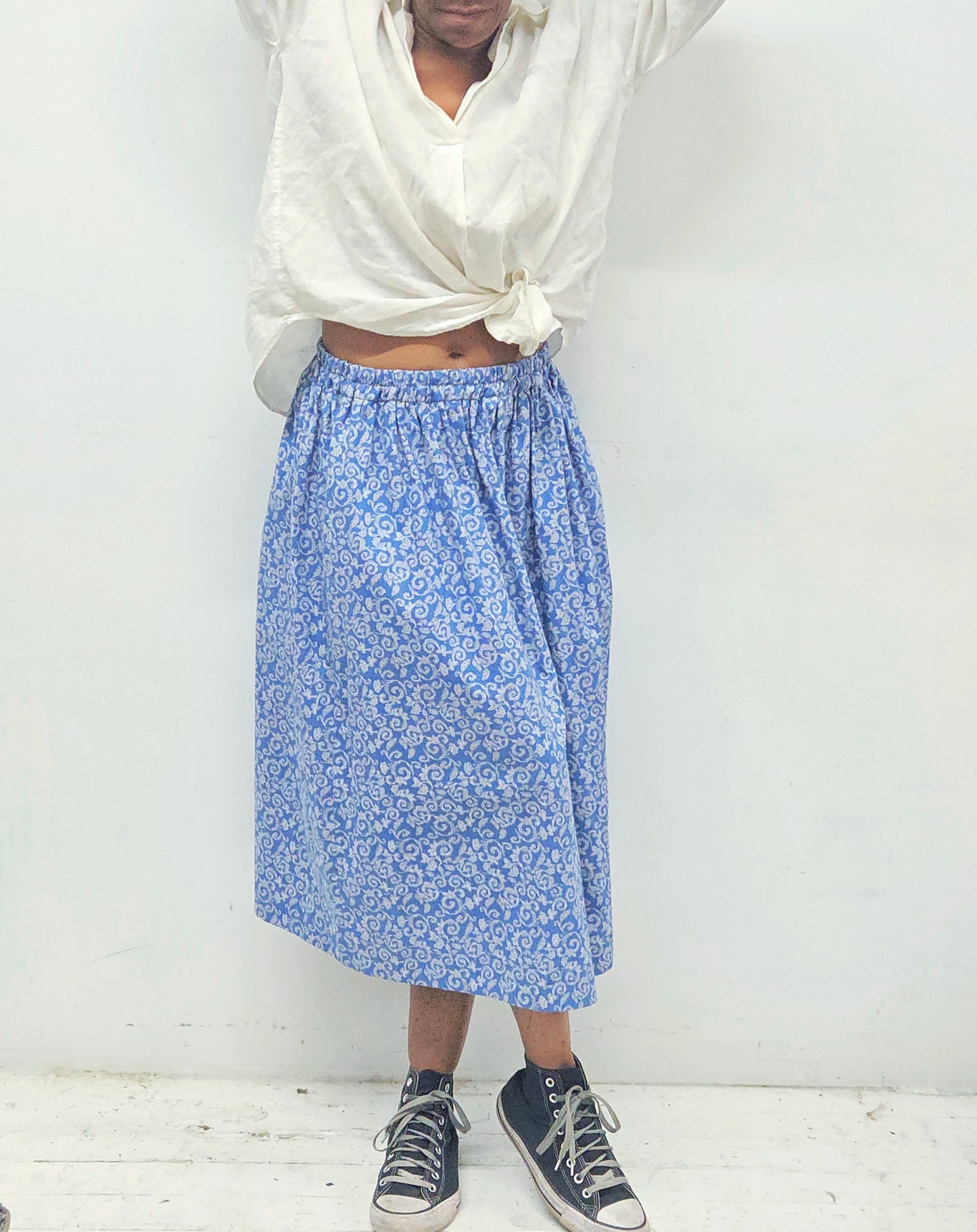 Floral Print Cotton Midi Skirt: Summer thru Fall with Pockets