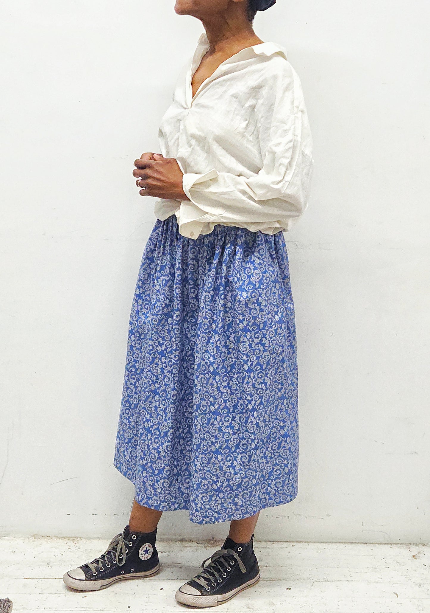 Floral Print Cotton Midi Skirt: Summer thru Fall with Pockets