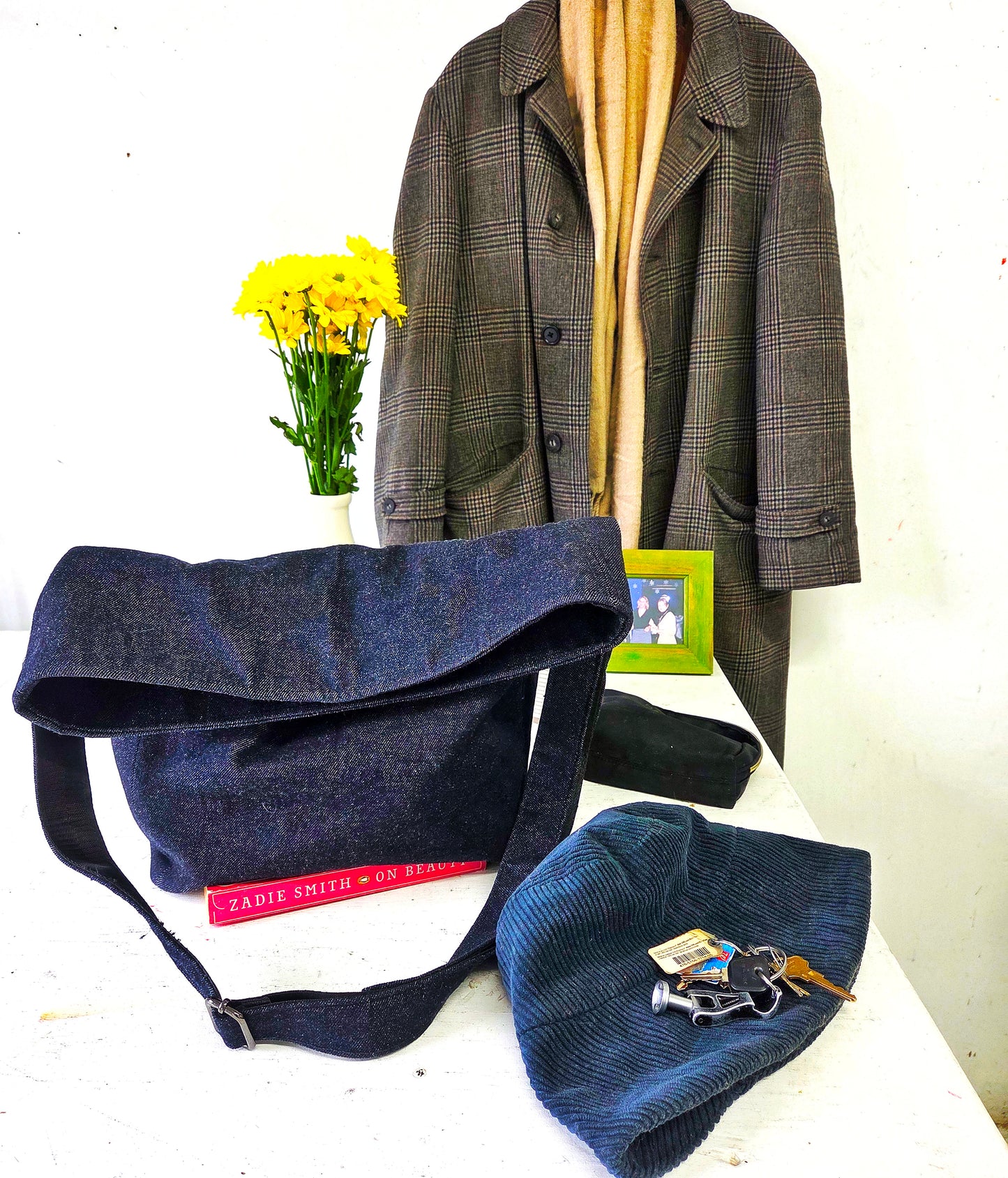 Navy Blue Denim Foldover Crossbody Bag: Structured Boho Style