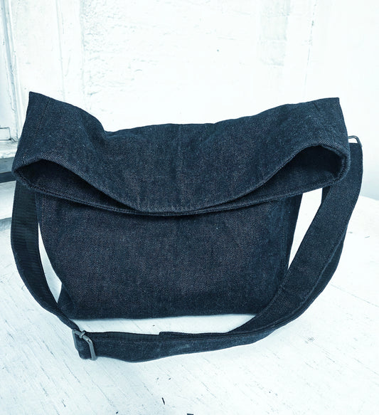 Navy Blue Denim Foldover Crossbody Bag: Structured Boho Style