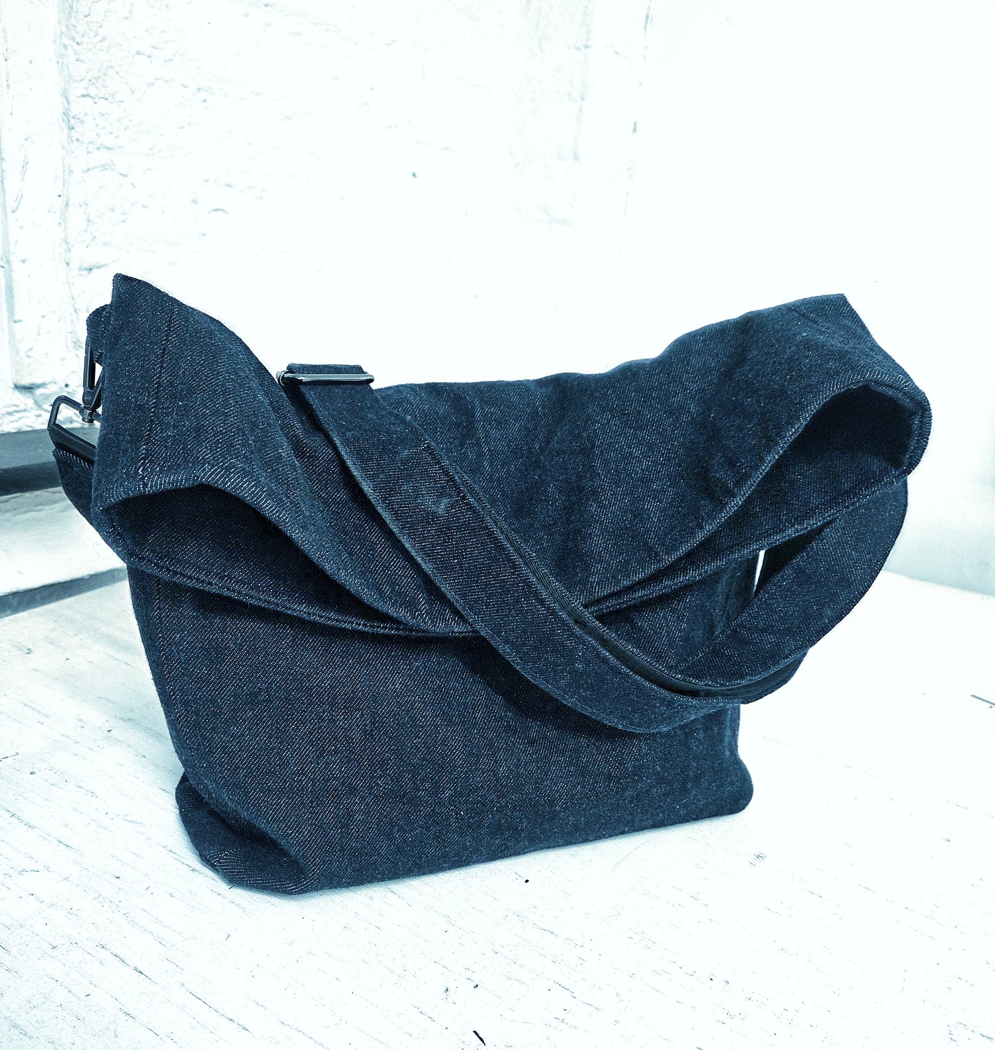 Navy Blue Denim Foldover Crossbody Bag: Structured Boho Style