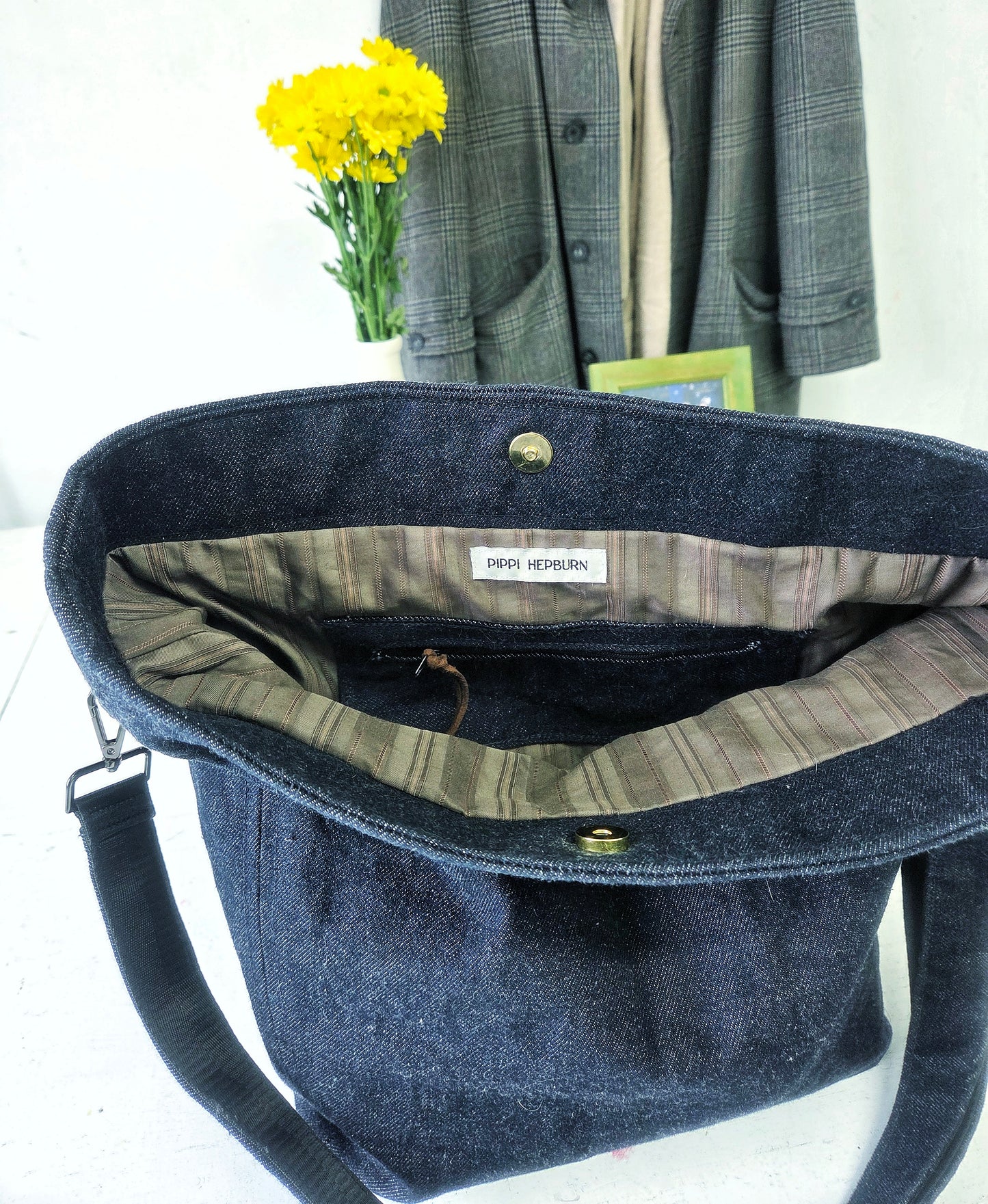 Navy Blue Denim Foldover Crossbody Bag: Structured Boho Style