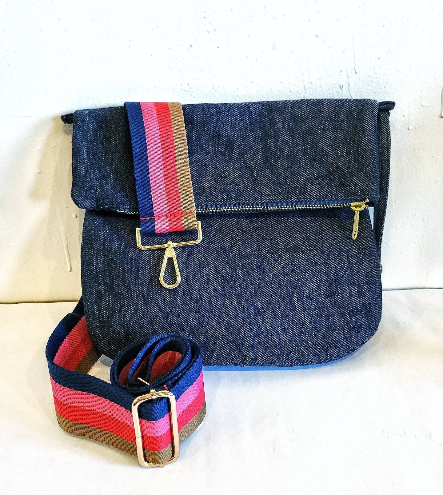 Best Selling Crossbody Bag in Blue Denim, Vegan Bag, Foldover Crossbody Bag in Blue Denim, Choose The Strap You Want!