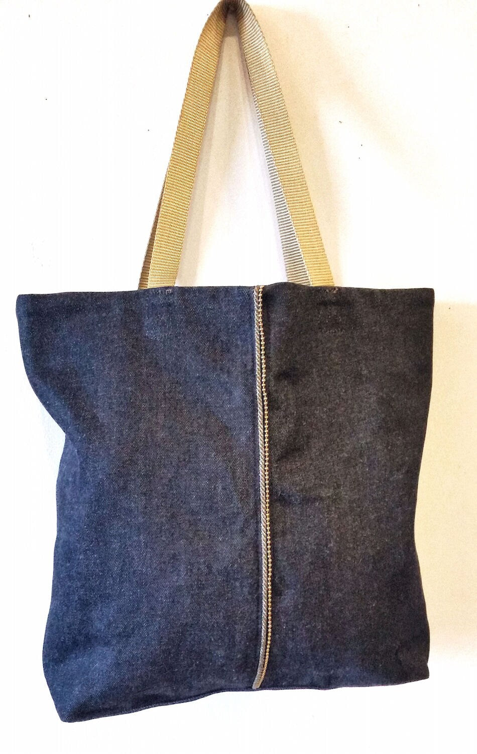 READY to SHIP in BLACK! Vegan Tote Bag in Blue Black Denim, Bead Chain Trim Denim Tote Bag