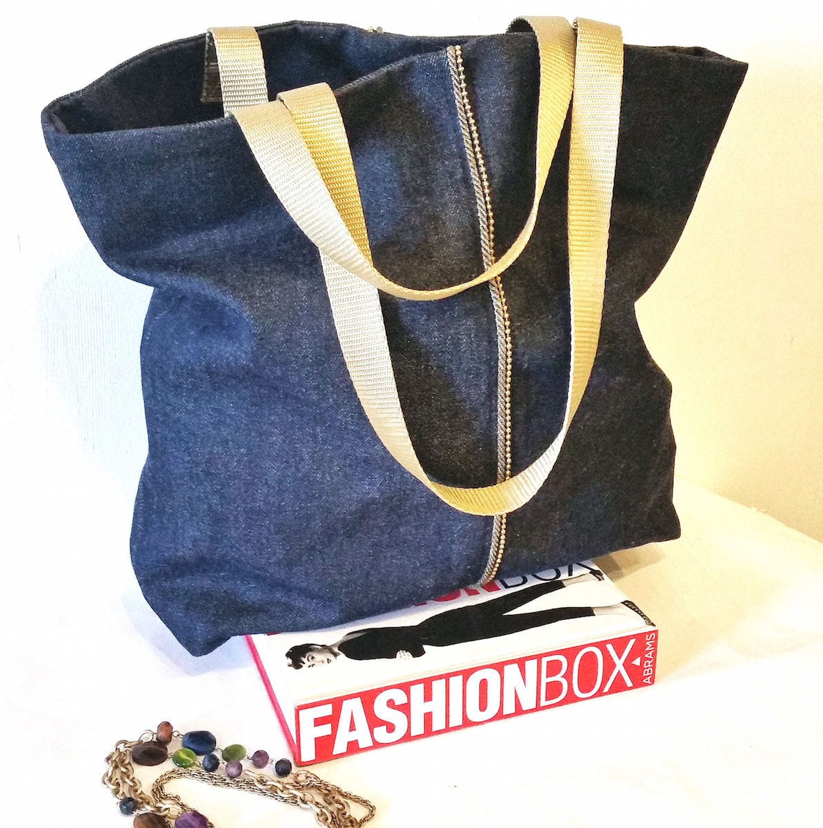 READY to SHIP in BLACK! Vegan Tote Bag in Blue Black Denim, Bead Chain Trim Denim Tote Bag