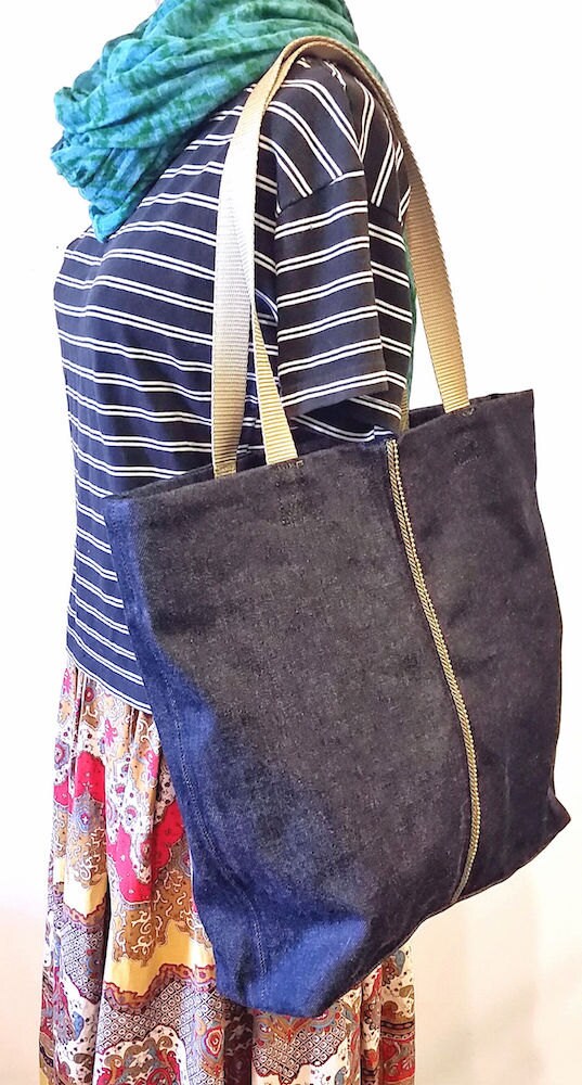 READY to SHIP in BLACK! Vegan Tote Bag in Blue Black Denim, Bead Chain Trim Denim Tote Bag