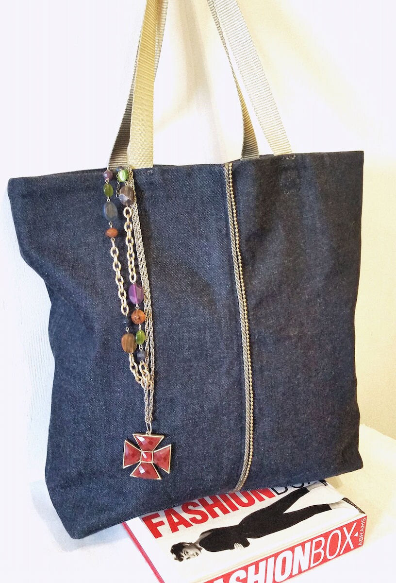 READY to SHIP in BLACK! Vegan Tote Bag in Blue Black Denim, Bead Chain Trim Denim Tote Bag